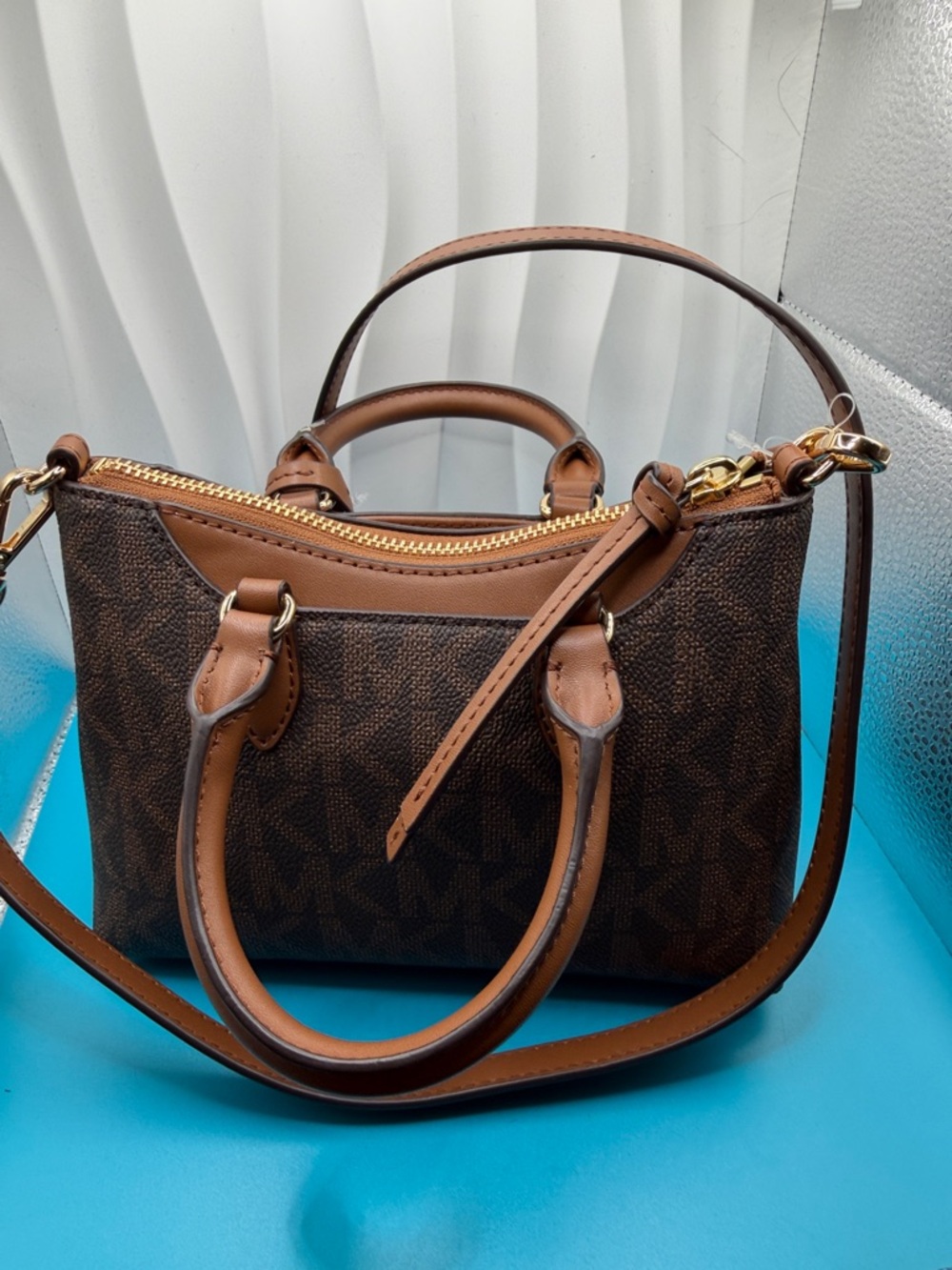 Michael Kors Brown & Tan Logo Satchel with Gold MK Charm - Picture 5 of 10